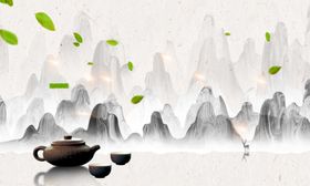 水墨山水画时尚背景墙风景小船夕阳