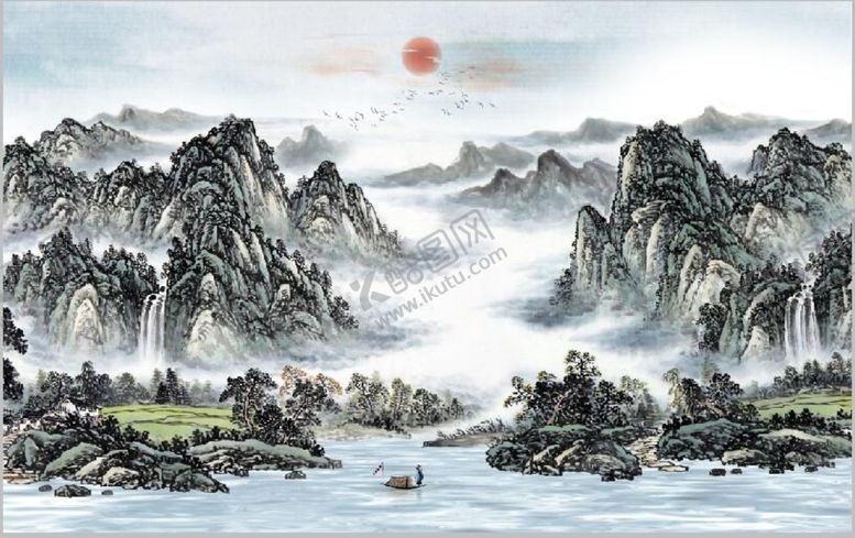 编号：38716409130732093075【酷图网】源文件下载-中式青绿山水国画电视背景墙