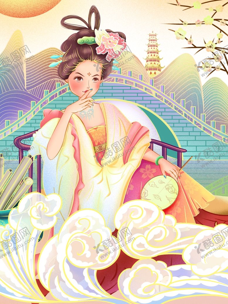 编号：95282909182316411333【酷图网】源文件下载-手绘国潮人物梅枝