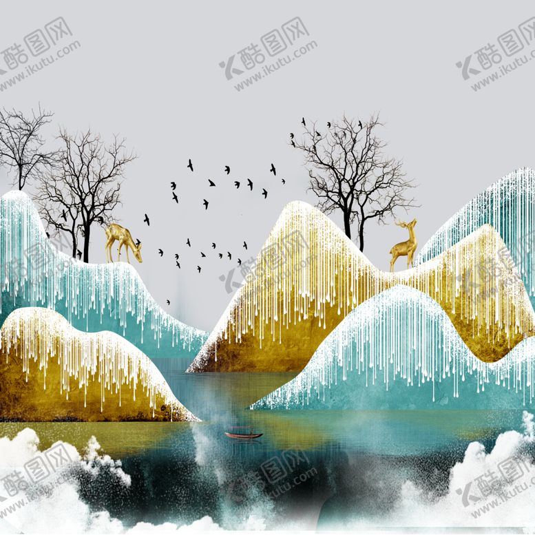 编号：21911210052010448086【酷图网】源文件下载-现代晶贝金箔风景山水麋鹿装饰画