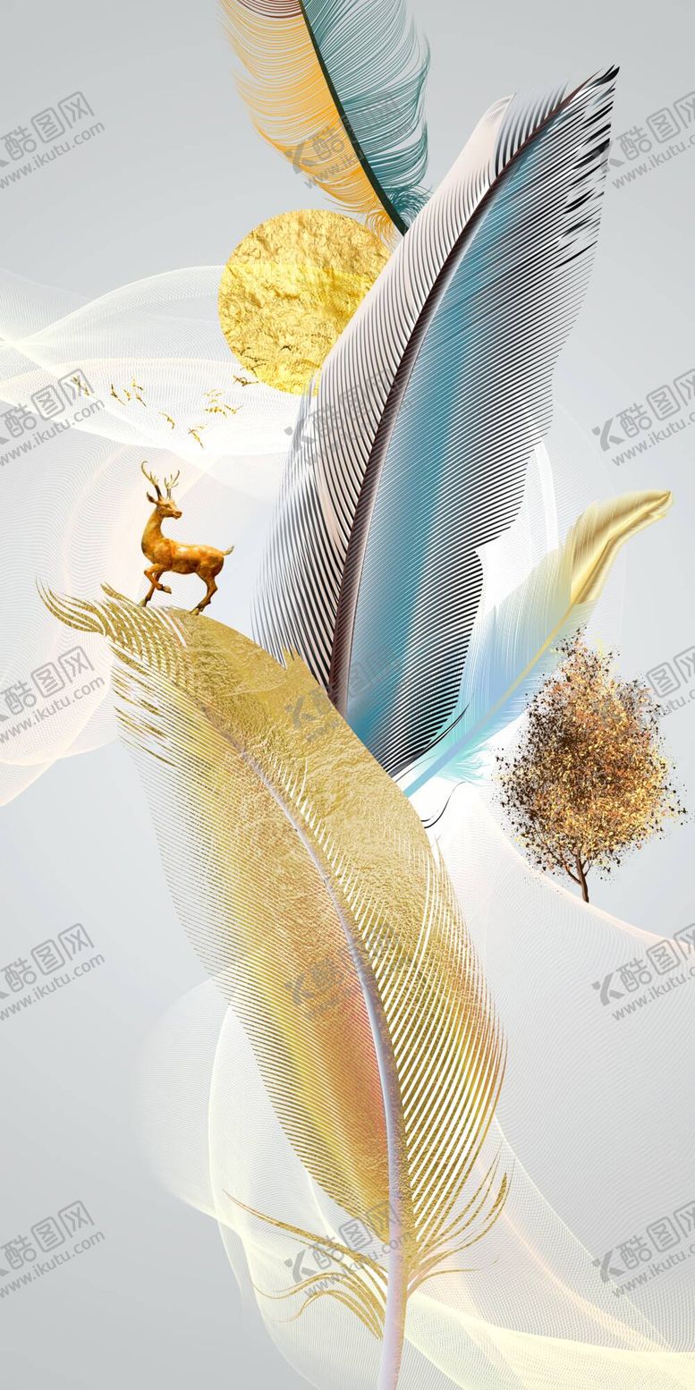 编号：53904311221152528622【酷图网】源文件下载-羽毛金色麋鹿意境山水装饰画