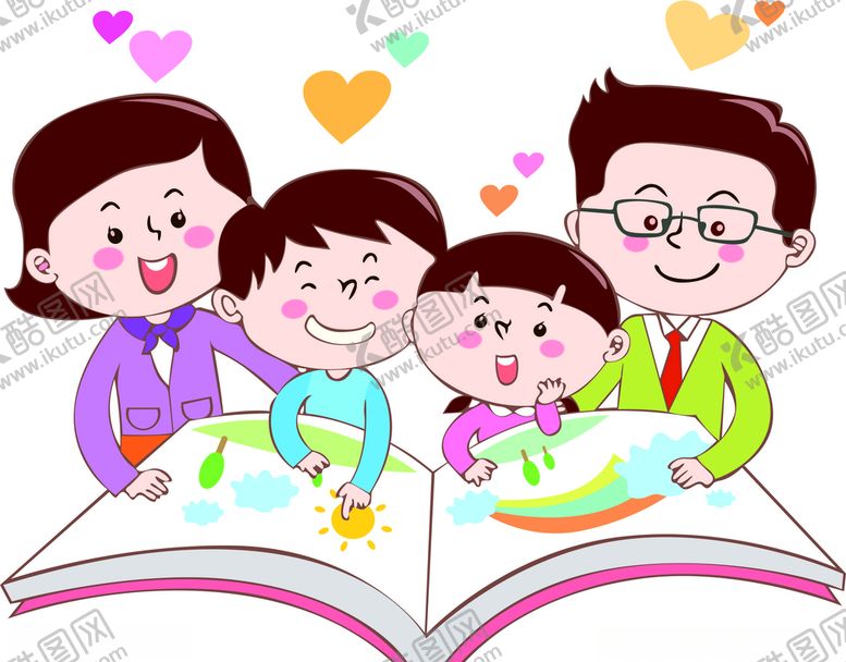 编号：83044805101847487895【酷图网】源文件下载-四口人卡通漫画看书心儿童大人