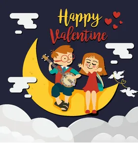 可爱情人节月亮上的情侣