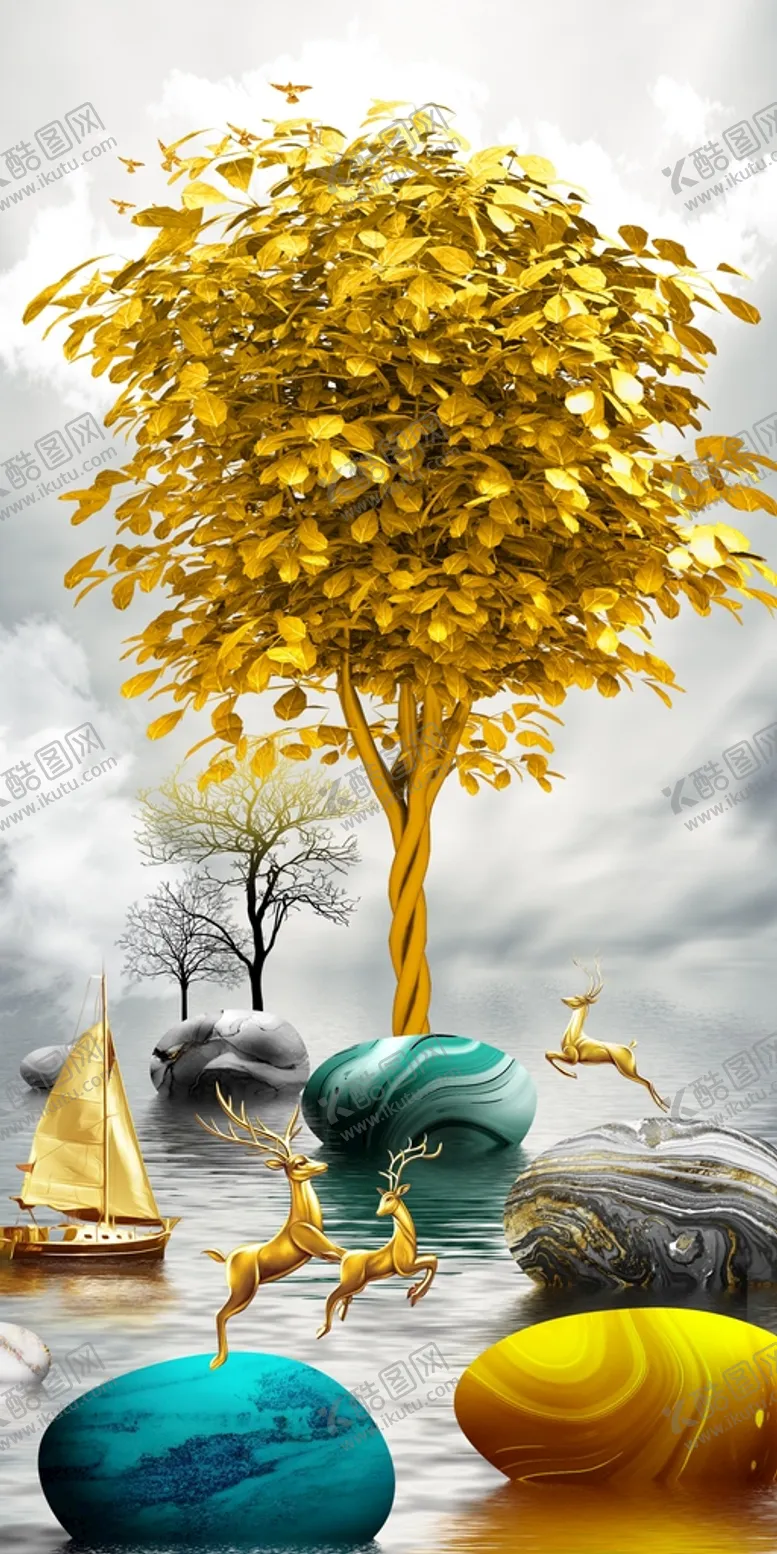 编号：43618209220821554287【酷图网】源文件下载-麋鹿山水石来运转装饰画玄关