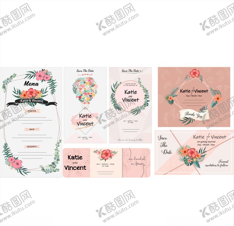 编号：73260910100443174773【酷图网】源文件下载-6款彩色花卉婚礼卡片