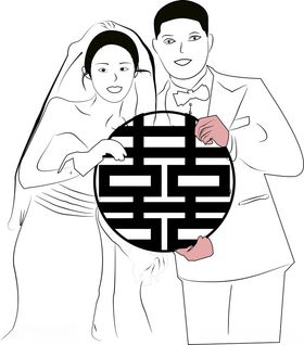 手绘新婚结婚新人简笔画线条图