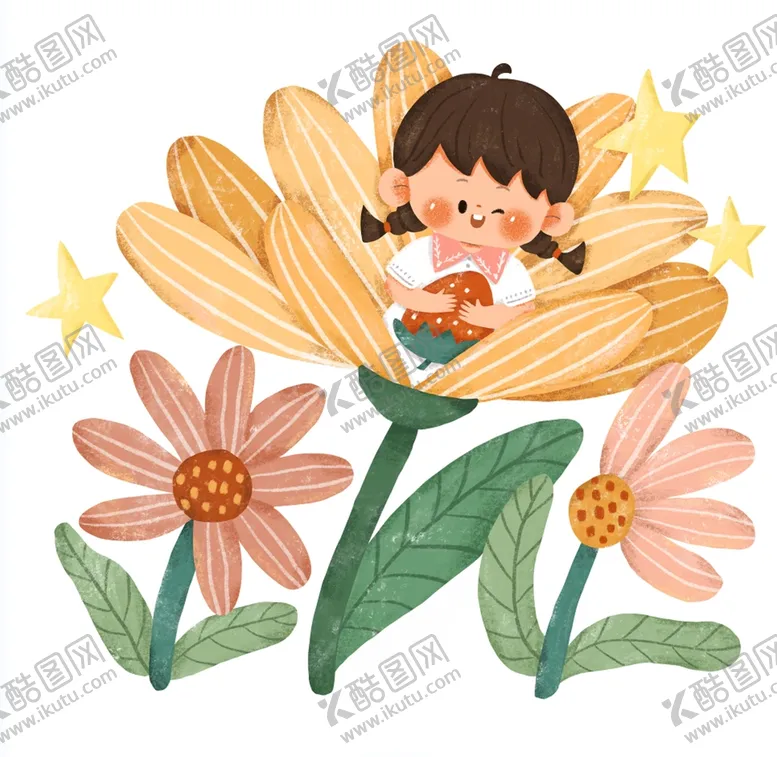 编号：33261211161705326019【酷图网】源文件下载-原创可爱手绘花朵和女孩插画