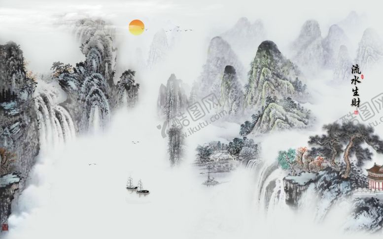 编号：98645109270741138922【酷图网】源文件下载-新中式山水背景墙