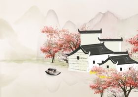 中国风桃花山水背景