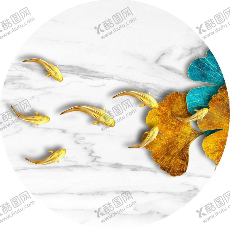 编号：81133612042356505836【酷图网】源文件下载-水彩树叶游鱼圆形挂画装饰画