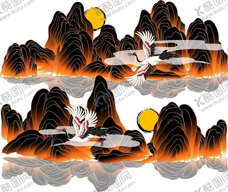 编号：75220611211342341373【酷图网】源文件下载-水墨风山水与飞鸟图景