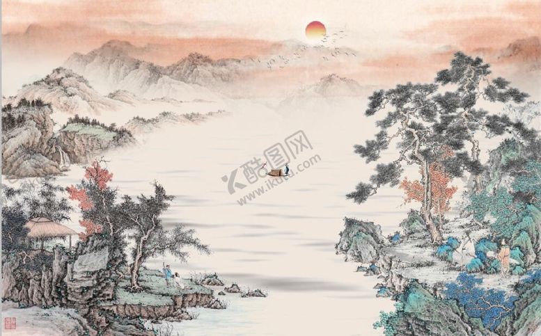 编号：87293109191529590794【酷图网】源文件下载-中式青绿山水国画电视背景墙
