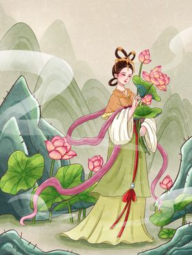 古典仙女持花于山水间