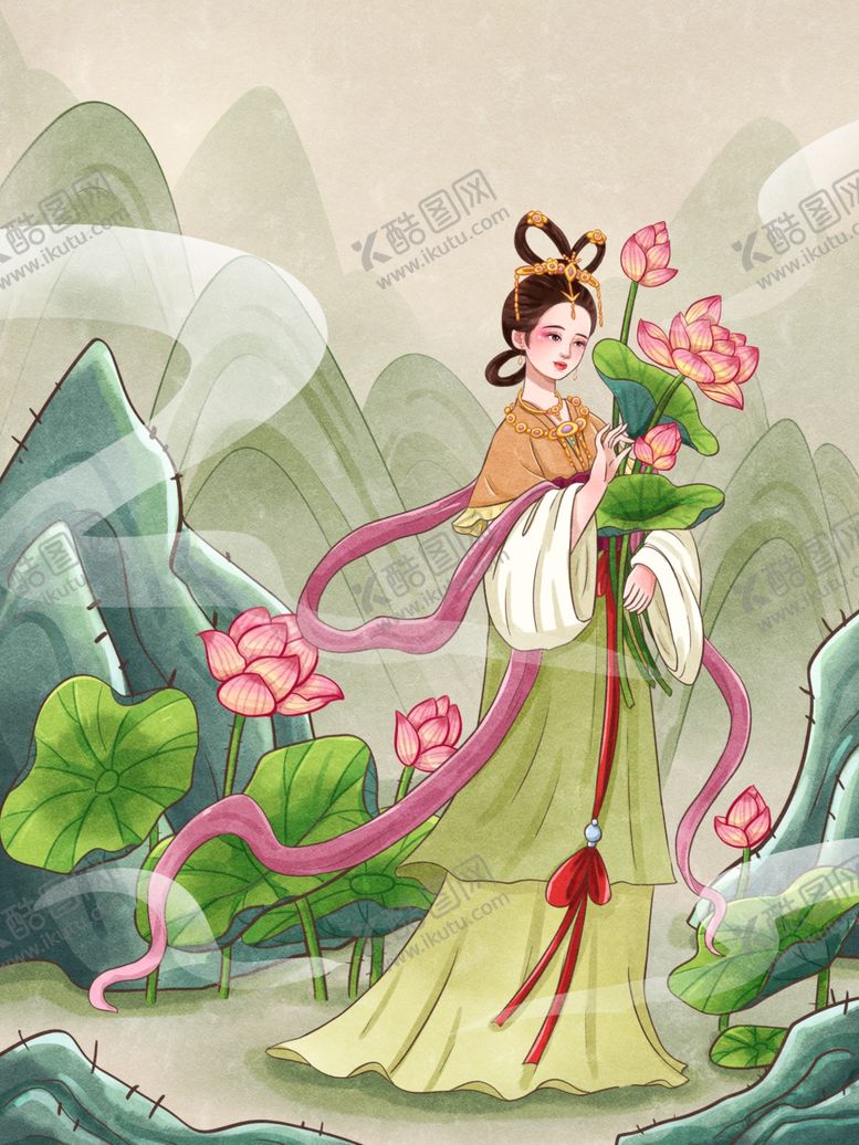 编号：25711401042213184400【酷图网】源文件下载-古典仙女持花于山水间