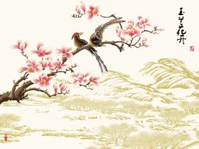 玉兰花开孔雀图背景墙