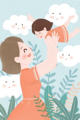蓝色唯美云朵母亲节插画母女温馨