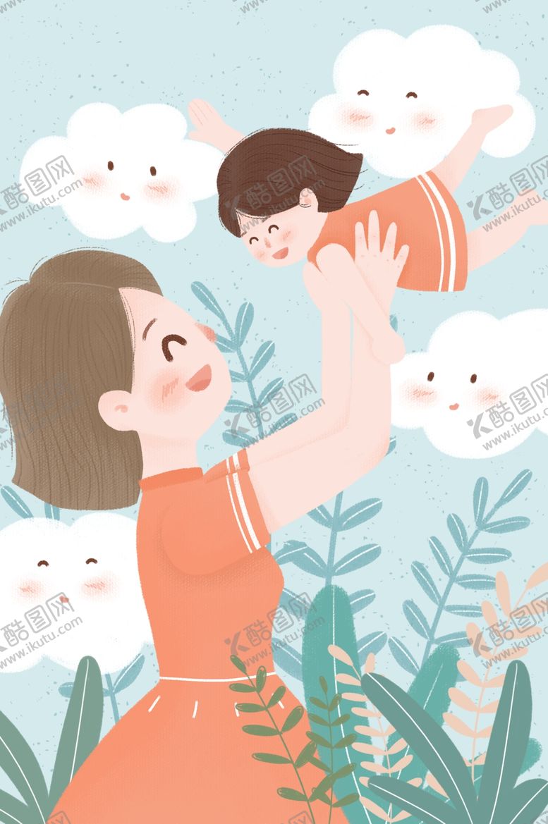 编号：70574410301202542276【酷图网】源文件下载-蓝色唯美云朵母亲节插画母女温馨