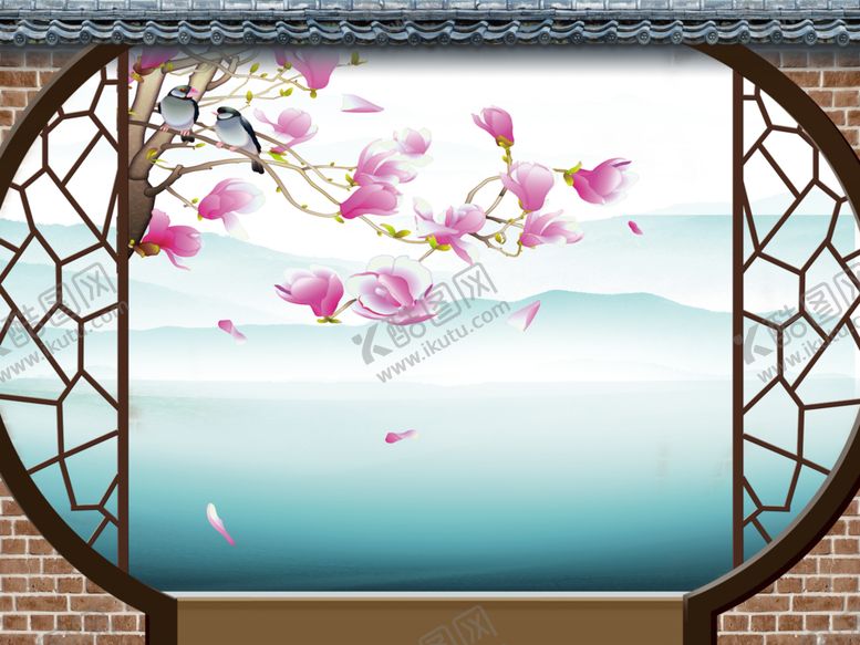 编号：33185009232222204713【酷图网】源文件下载-中式门框装饰画玄关屏风沙发电视