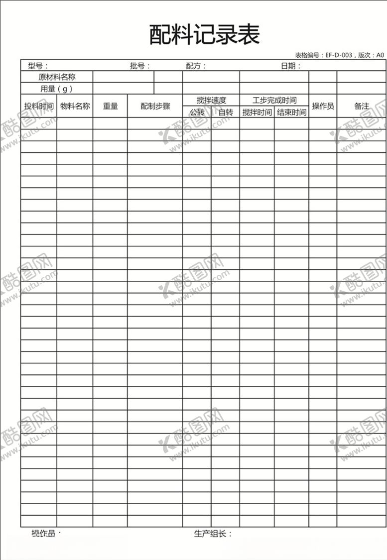 编号：77874609140548442900【酷图网】源文件下载-配料记录表