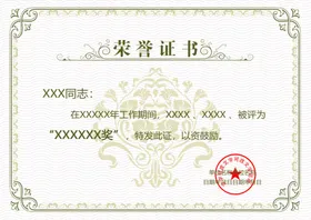 荣誉证书资格优秀员工结业