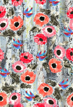 数码印花红橙色花红蓝鸟