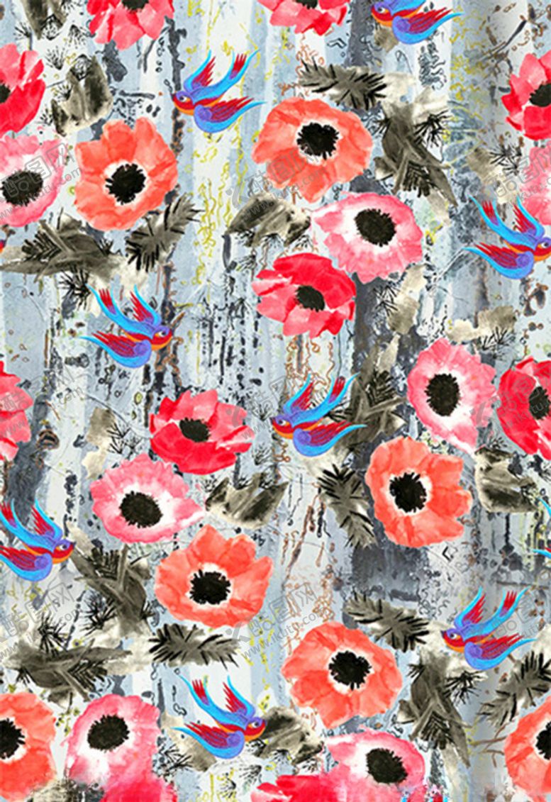 编号：33082110310458309719【酷图网】源文件下载-数码印花红橙色花红蓝鸟