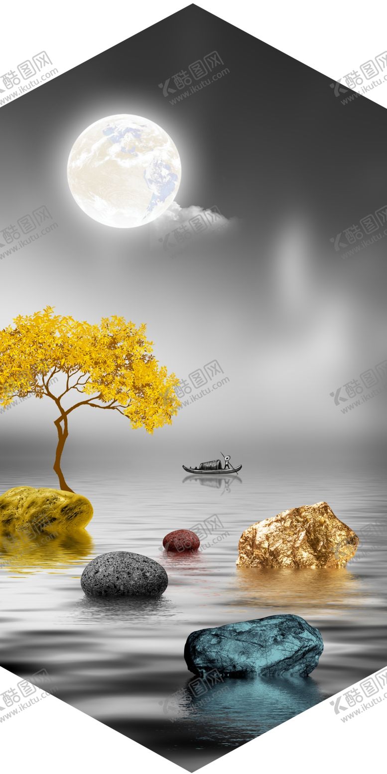 编号：76611409111447431038【酷图网】源文件下载-新中式水大海石头灰白色装饰画