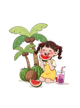 女孩夏日享用西瓜与果汁手绘插画