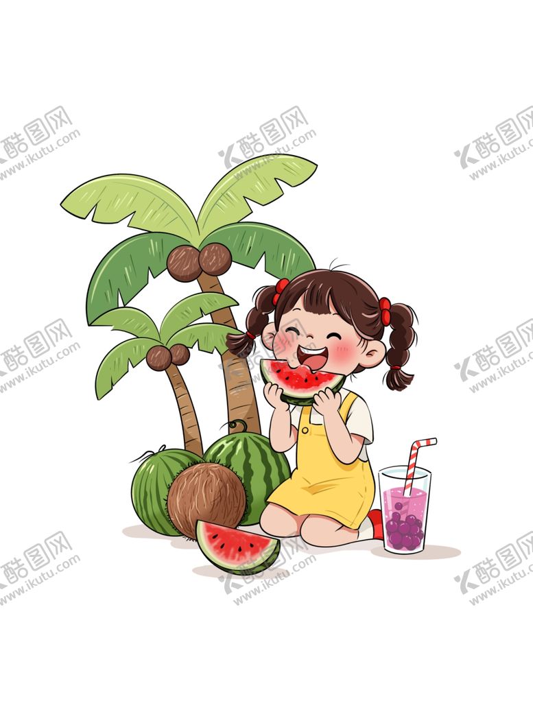 编号：64810704160041551644【酷图网】源文件下载-女孩夏日享用西瓜与果汁手绘插画