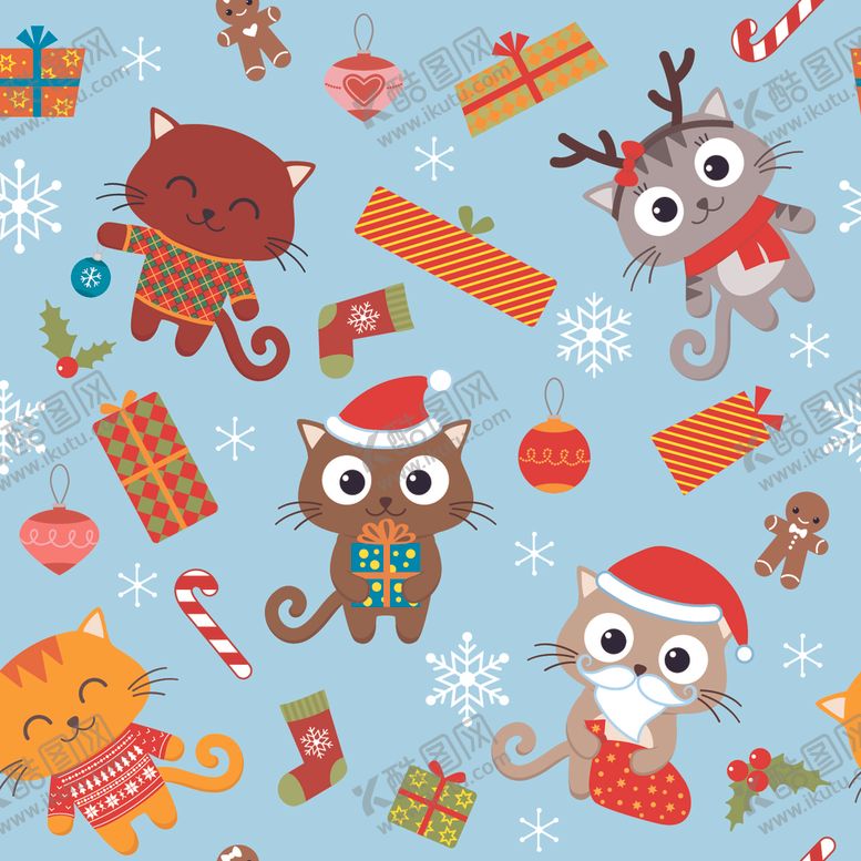 编号：47852409241233398760【酷图网】源文件下载-卡通圣诞猫咪无缝背景
