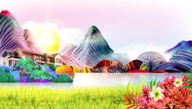 地产山水复古插画背景素材