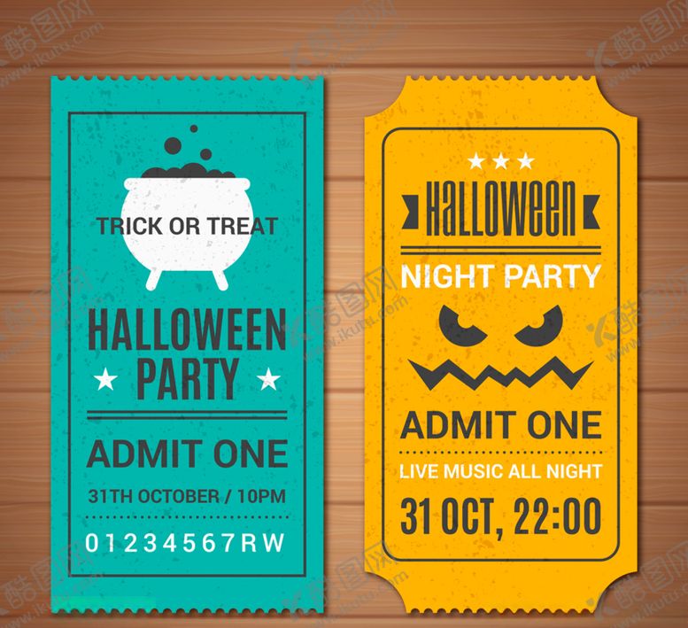 编号：21601310101505211268【酷图网】源文件下载-2款做旧效果万圣节派对门票矢量