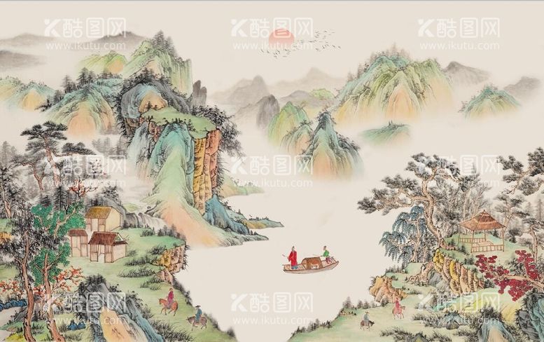 编号：13908509281050493015【酷图网】源文件下载-中式水墨仿古山水国画电视背景墙