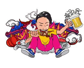 手绘美食烤串插画  