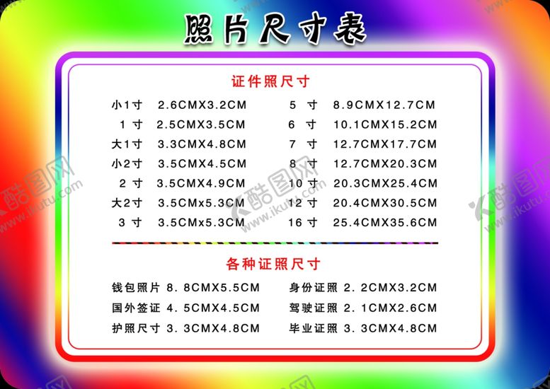 编号：97936105041627587509【酷图网】源文件下载-常用照片尺寸表