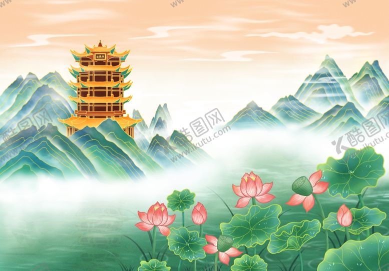 编号：60005209210701272716【酷图网】源文件下载-山水间的古塔与荷花美景