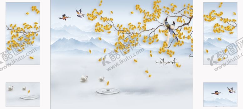 编号：61390109202103272884【酷图网】源文件下载-花鸟画银杏树背景墙