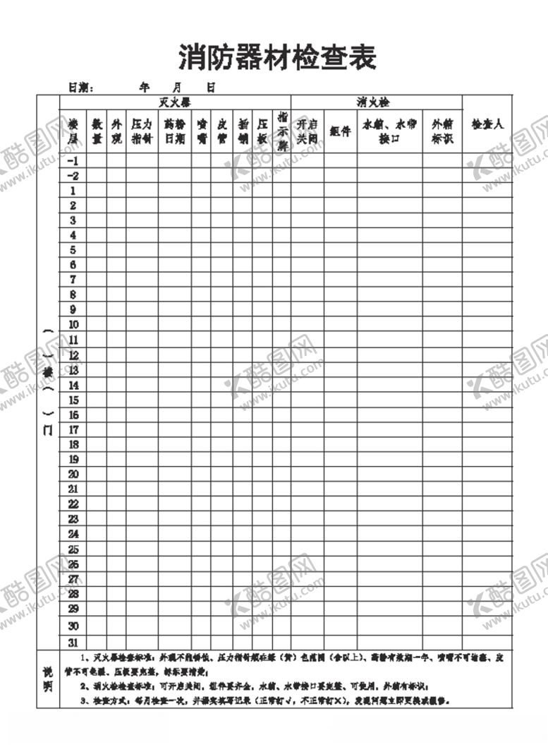 编号：17110105070219509521【酷图网】源文件下载-消防器材检查表