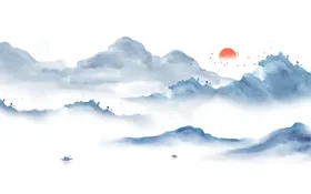 水墨山水背景画展层叠禅意鸟群
