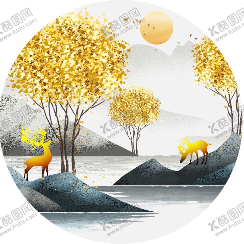 编号：84587501170513547568【酷图网】源文件下载-湖泊发财树麋鹿圆形挂画装饰画