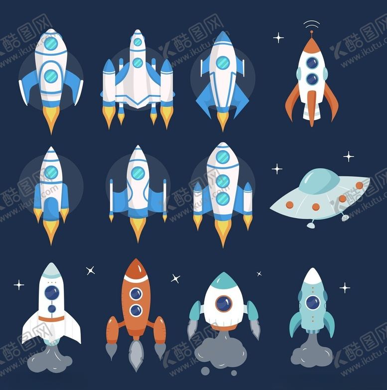 编号：24144704052047046973【酷图网】源文件下载-多样火箭与飞碟太空图案