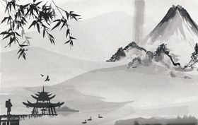 水墨元素韵味山峰仙鹤山画