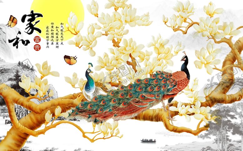 编号：79516305110638517053【酷图网】源文件下载-玉兰花孔雀电视背景墙