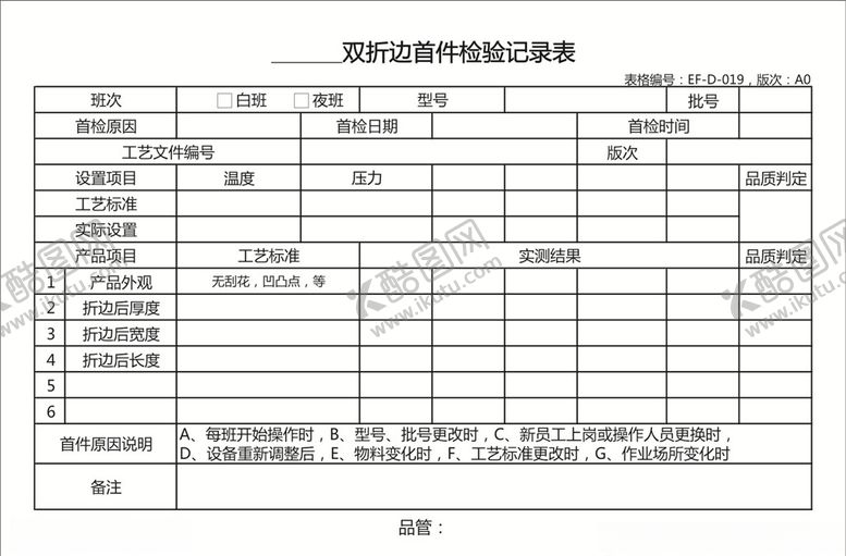 编号：56185710201149423326【酷图网】源文件下载-双折边首件检验记录表