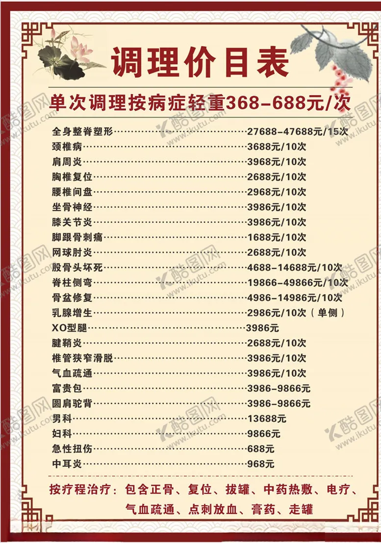 编号：36645406270209392279【酷图网】源文件下载-理疗价格表