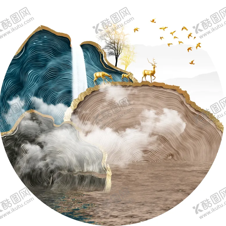 编号：59958801170450164165【酷图网】源文件下载-飞鸟山脉麋鹿圆形挂画装饰画