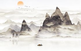 水墨山水画大理石海纳百川背景墙