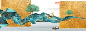 客厅三联中式抽象麋鹿装饰画晶瓷画