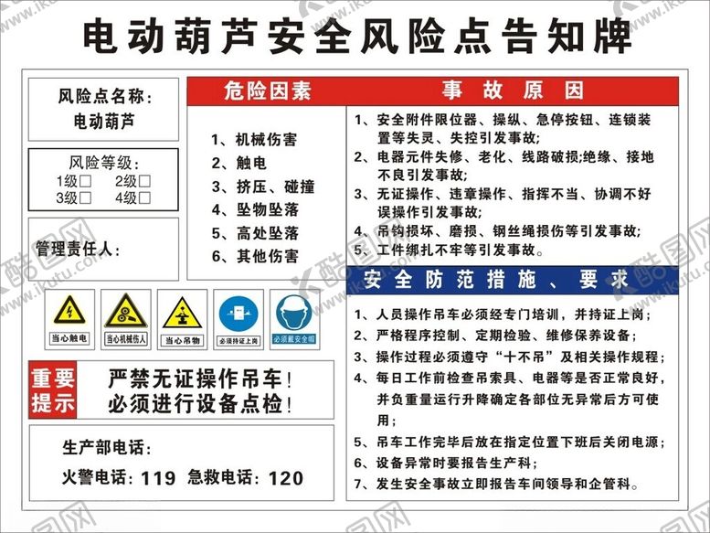编号：92625302052348054571【酷图网】源文件下载-电动葫芦安全风险点告知牌