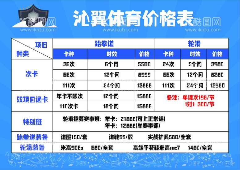 编号：83591209170514012185【酷图网】源文件下载-跆拳道轮滑价目表